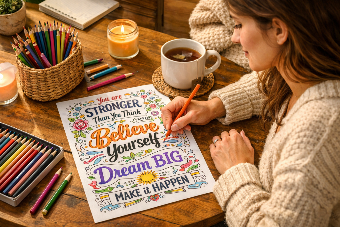Woman peacefully coloring a motivational coloring page with inspiring quotes in a cozy home setting with colored pencils and tea