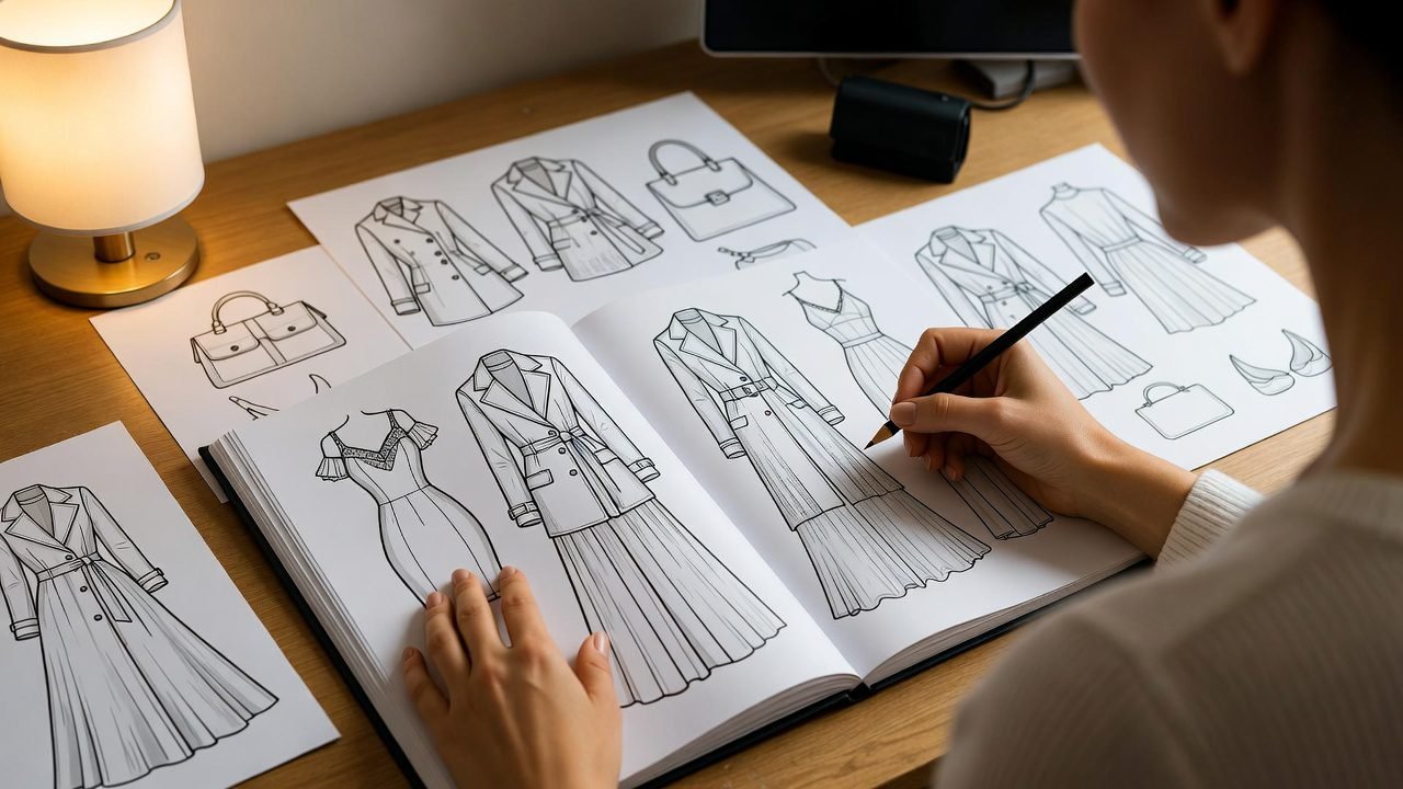 Woman relaxing with fashion sketch coloring book – stress relief fashion coloring book PDF open on a table.