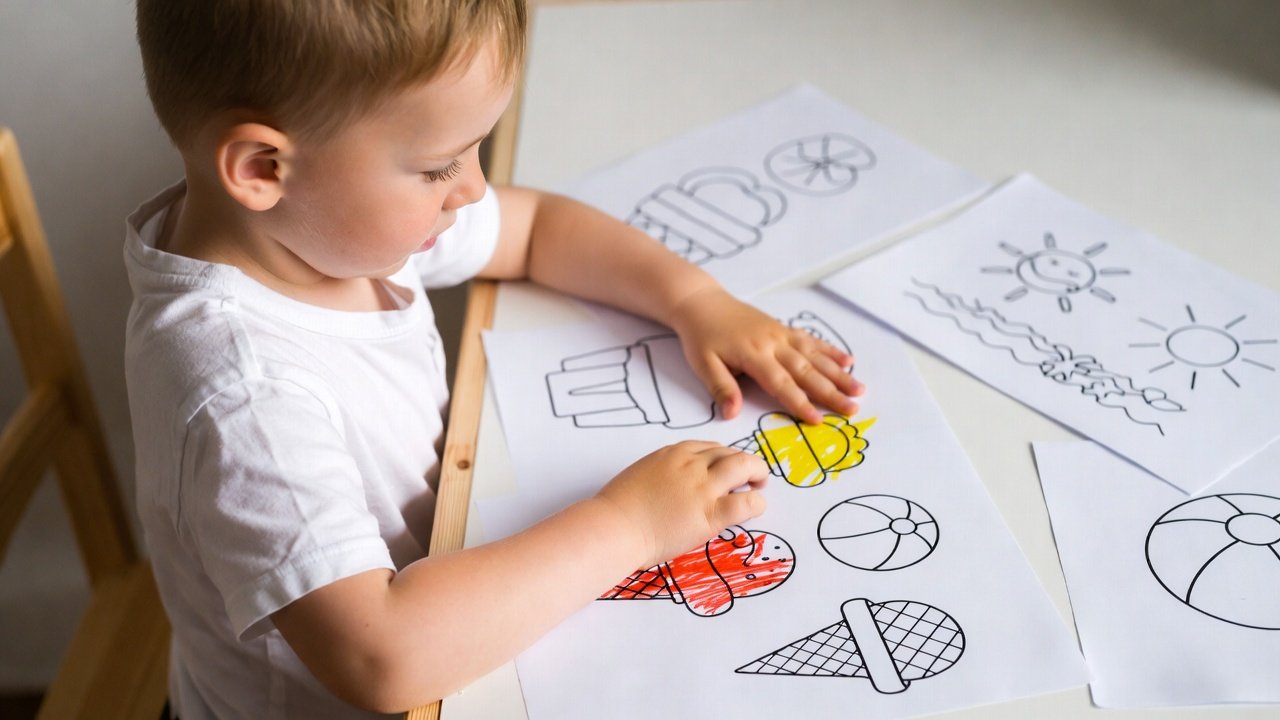 Young child concentrating on printable summer coloring pages for children at a craft table. Summer coloring activities for kids