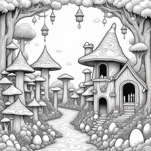 coloring page of Full enchanted goblincore Easter celebration scene cottagecore garden with mushroom houses fair