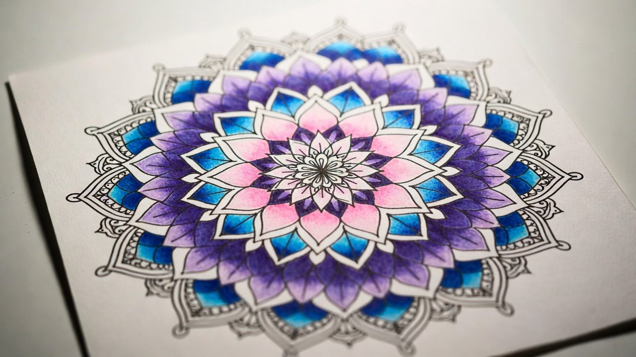 completed mandala coloring example showcasing intricate patterns, smooth shading, and balanced color harmony