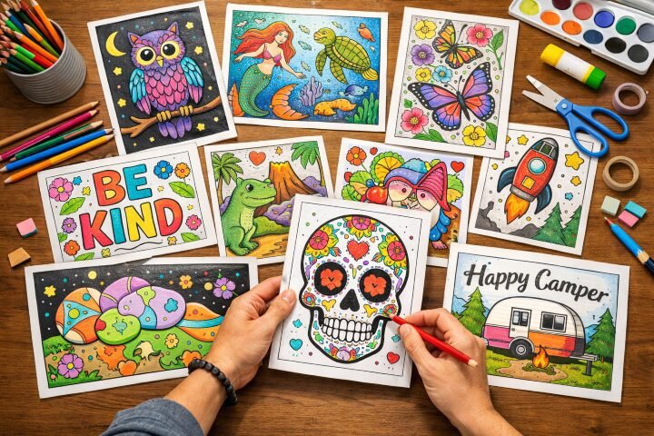 person reviewing finished coloring page craft projects spread across a desk with colored pencils and scissors nearby