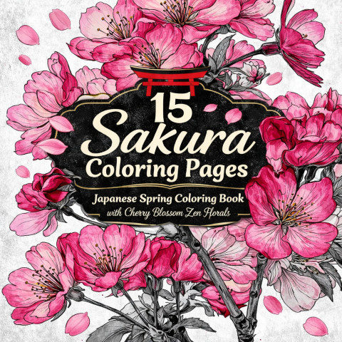 15 Sakura Coloring Pages – Japanese Spring Coloring Book with Cherry Blossom Zen Florals