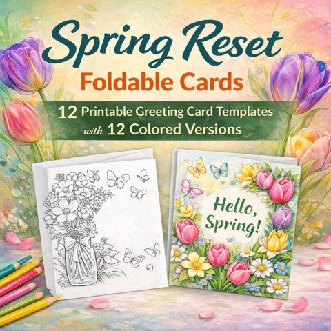Spring Reset Foldable Cards – 12 Printable Greeting Card Templates with 12 Colored Versions