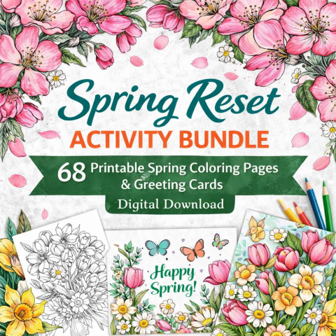 Spring Reset Activity Bundle – 68 Printable Spring Coloring Pages & Greeting Cards Digital Download