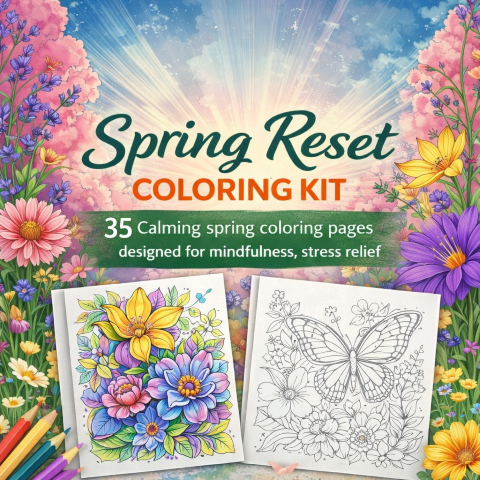 Spring Reset Coloring Kit of 35 Calming spring coloring pages designed for mindfulness, stress relief