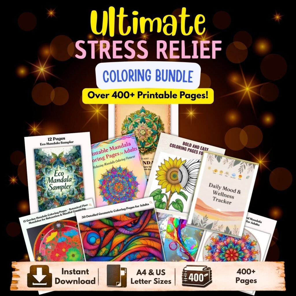 stress relief coloring pages, mindfulness coloring bundle, adult coloring pages for anxiety