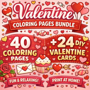 Valentine Coloring Pages Bundle – 40 Coloring Pages + 24 DIY Printable Valentine Cards