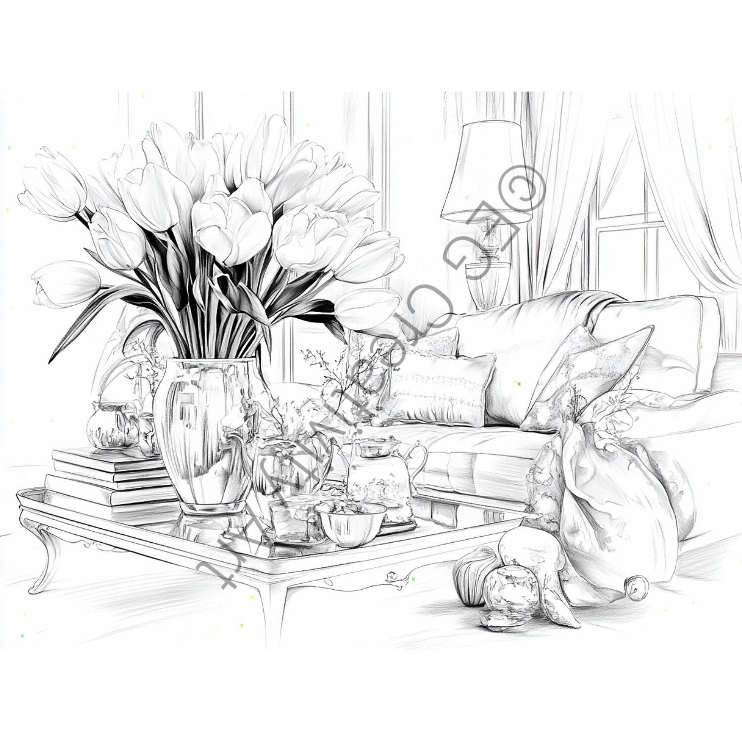 65+ Printable Interior Coloring Pages for Adults – Cozy Scenes sampler (3)