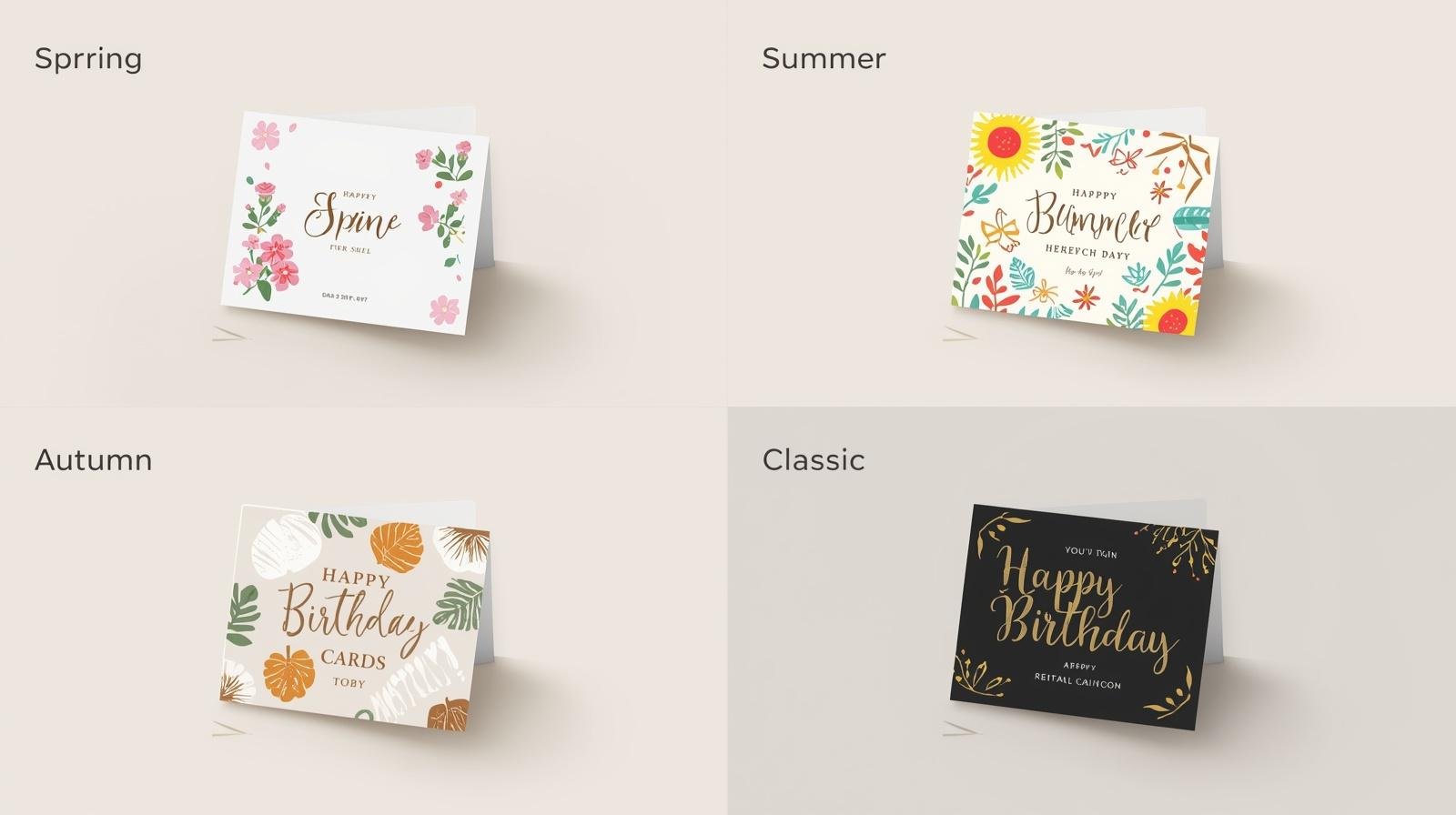 A modern comparison grid showcasing printable birthday card templates across four seasonal styles — spring, summer, autumn, and classic. The layout is a clean 2x2 grid on a light neutral background, each quadrant labeled clearly. Spring: soft pastel colors, floral elements, blooming flowers, butterflies, elegant script typography Summer: bright vibrant colors, sunshine, beach elements, tropical leaves, playful bold fonts Autumn: warm earthy tones, falling leaves, pumpkins, cozy textures, rustic typography Classic: timeless neutral palette (black, white, gold), minimal design, elegant serif fonts, simple birthday message Each card is displayed as a folded 5x7 greeting card mockup with subtle shadows, perfectly aligned. Include small decorative accents matching each season. Clean, high-end product presentation, soft lighting, minimalistic style, high resolution, balanced spacing, e-commerce ready, no clutter, white or light beige background.