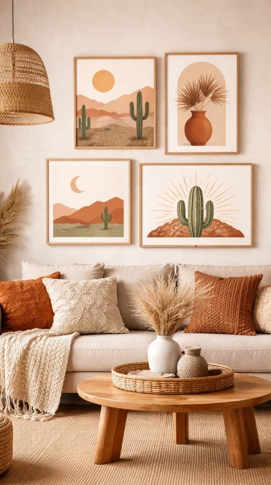 Boho living room decorated with desert and botanical wall art printable designs in earth tones