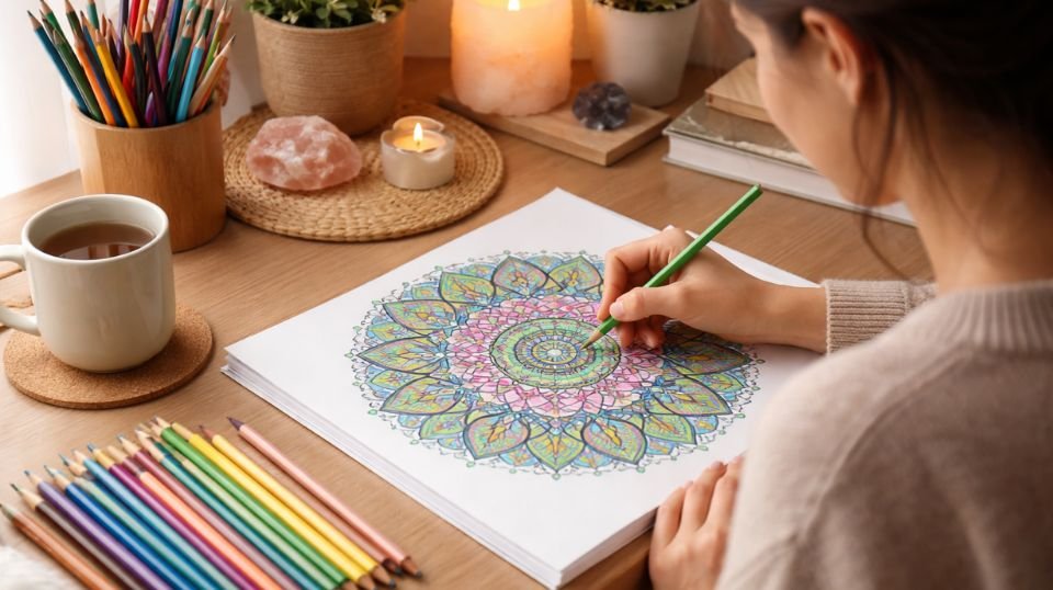 Woman coloring a mandala page at a calm desk setup — coloring for wellness and mindfulness health practice