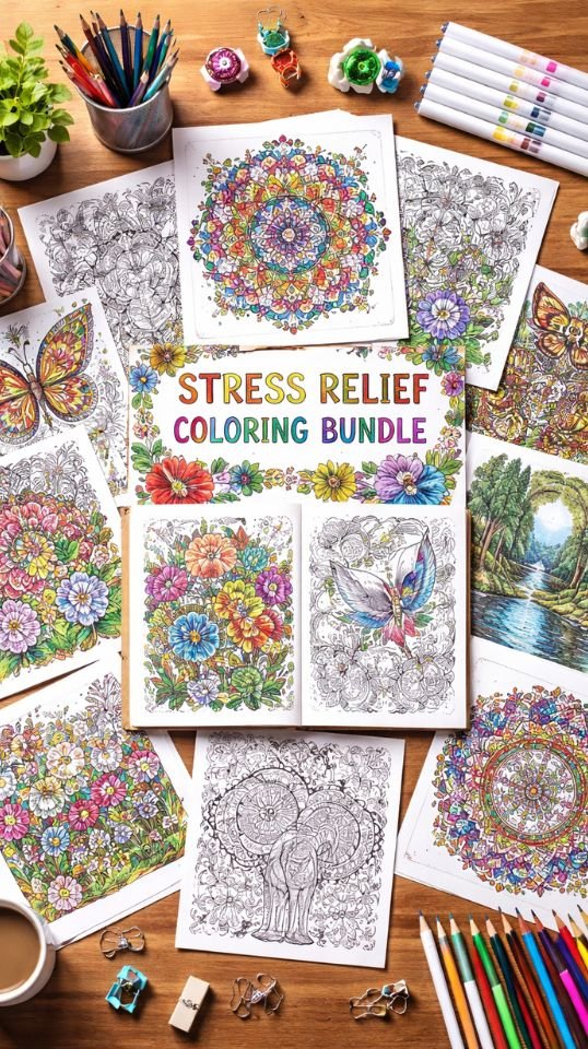 stress relief coloring bundle spread showing mandala and nature designs on a wooden desk V