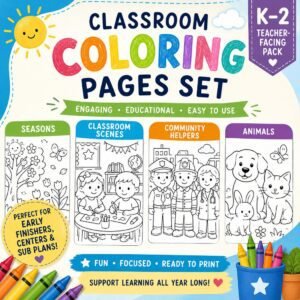 A K-2 classroom coloring pages set with sections for seasons, classroom scenes, community helpers, and animals. The pack is described as engaging, educational, easy to use, fun, focused, and ready to print.