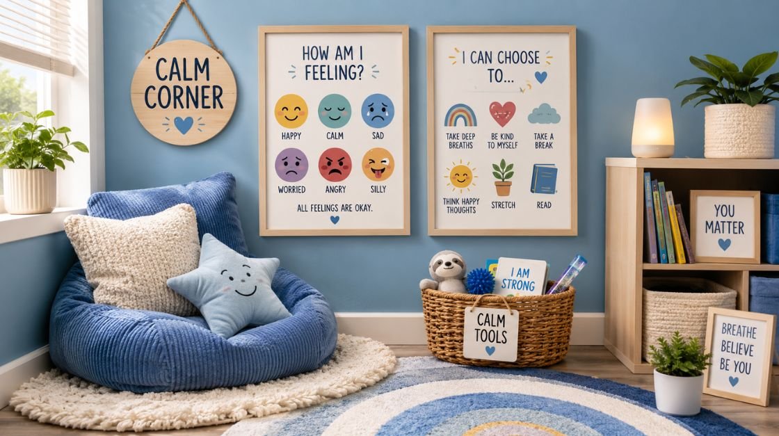 Calm corner ideas for classroom use — styled mockup with soft colors, emotion printables, and cozy seating